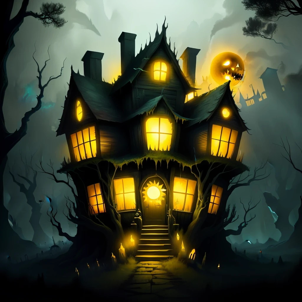 chomping spooky monster house with dead trees, wisps, and yellow floating eyes in the surroundings