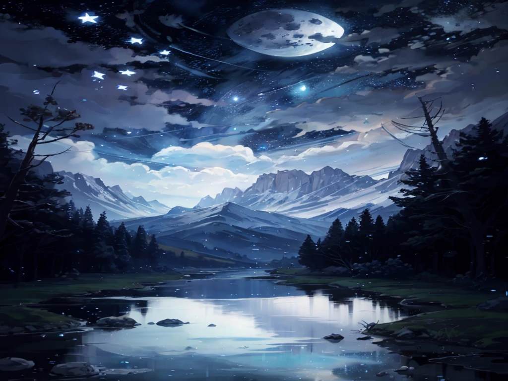 A painting of a river with stars and moon in the sky, concept art inspired by Tosa Mitsuoki, pixiv contest winner, best quality, fantasy art, beautiful anime scene, a bright moon, moonlit starry environment, dream painting, Anime Background Art, Fantasy Landscape Art, Fantasy Night, Anime Background, Background Artwork, Fantastic Art, Atmospheric Anime, Starry Sky, Detail Enhanced.