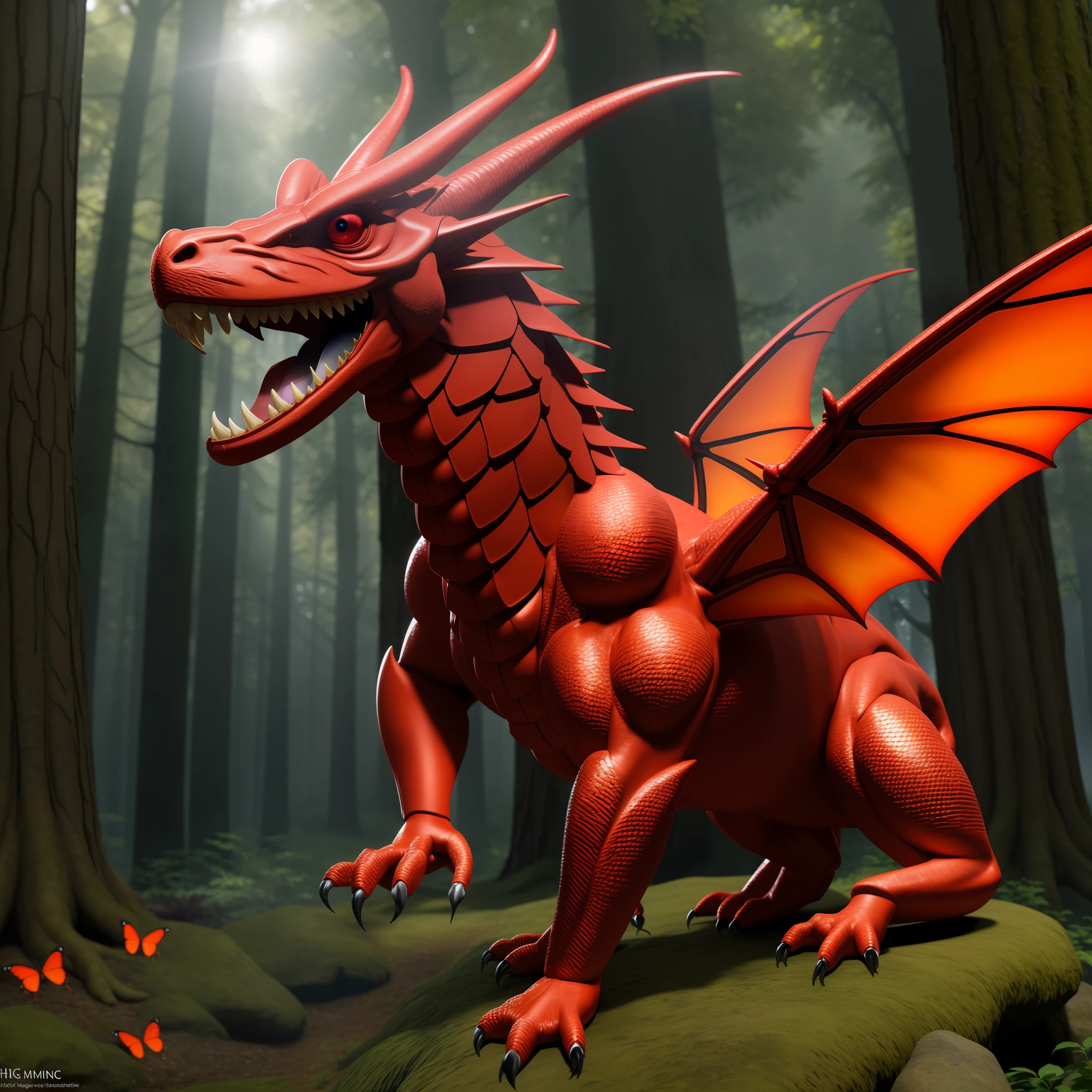 Big red dragon in a mystical forest.  glowing eyes.  shiny scales.  stones on which butterflies sit. 4k high quality
