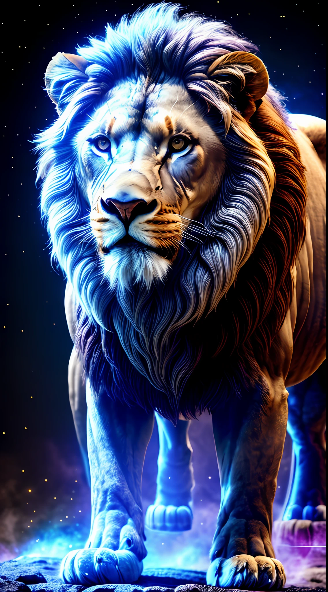 An imposing lion with humanoid body, ancient Greek style, full body, shiny eyes, ultra realistic photography, with blue nebula and 8k purple background, realistic texture, dynamic composition, Fujifilm XT2, 85mm F1.2, shutter speed 1/80, (bokeh), high contrast