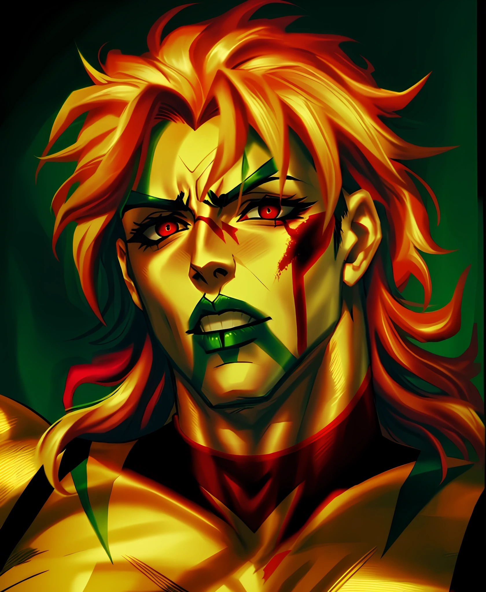 [(terrified),(injured),(Dio Brando),blood,red eyes:1.3,green lips,looking up, (long shot)]