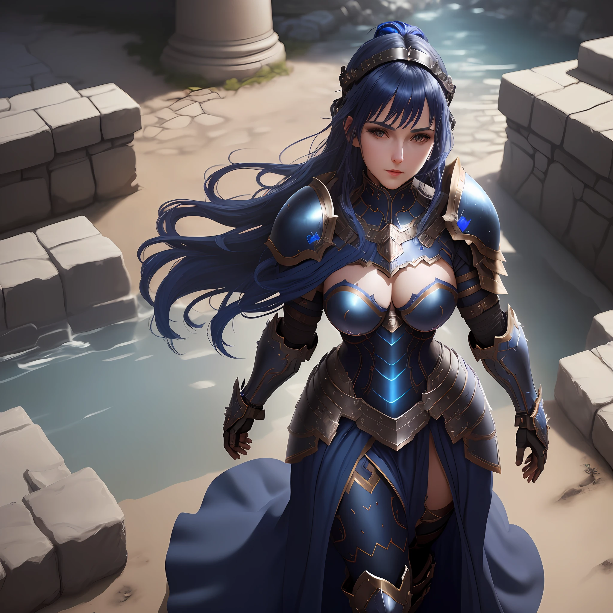 A woman in roman armor (small breasts, dark blue hair), masterpiece, best quality, (extremely detailed unity 8k CG wallpaper), (best quality), (best illustration), (best shadow), absurdities, realistic lighting, (Abyss), beautiful detailed brightness,
