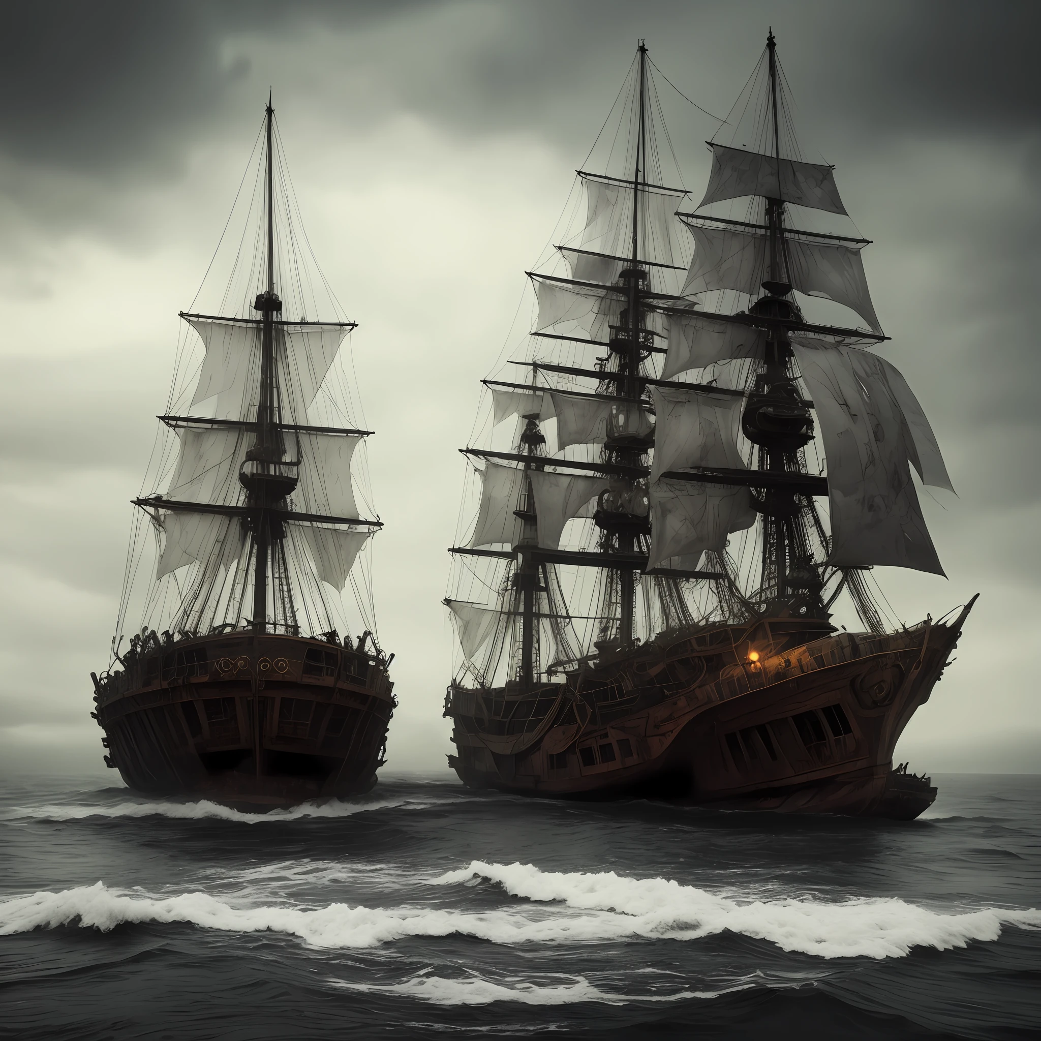 Ship, ghost ship, torn sails, rusty cannon, rotten hull, night weather, fog, ghostly weather, wooden ship, whole ship,