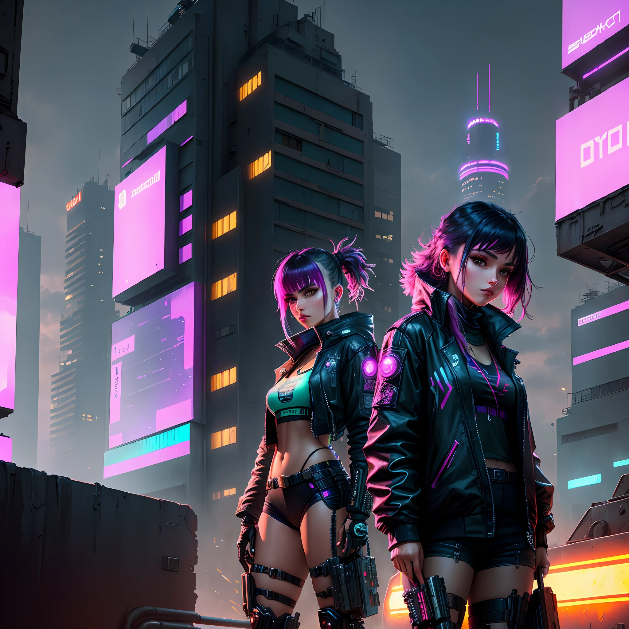 Cyberpunk city background, a cyberpunk locomotive girl