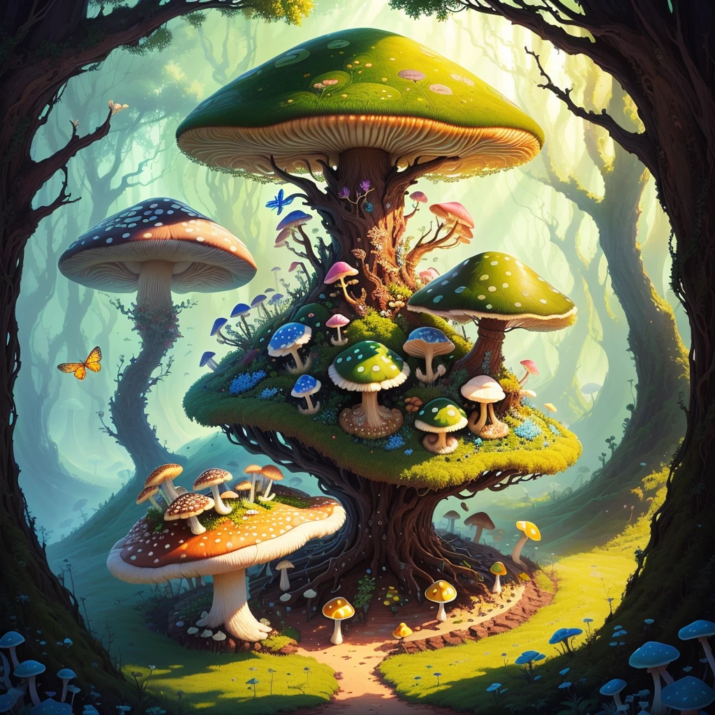 majestic anthill with mushroom and bright dragonfly sitting on top, fantasy, art, fairy tale