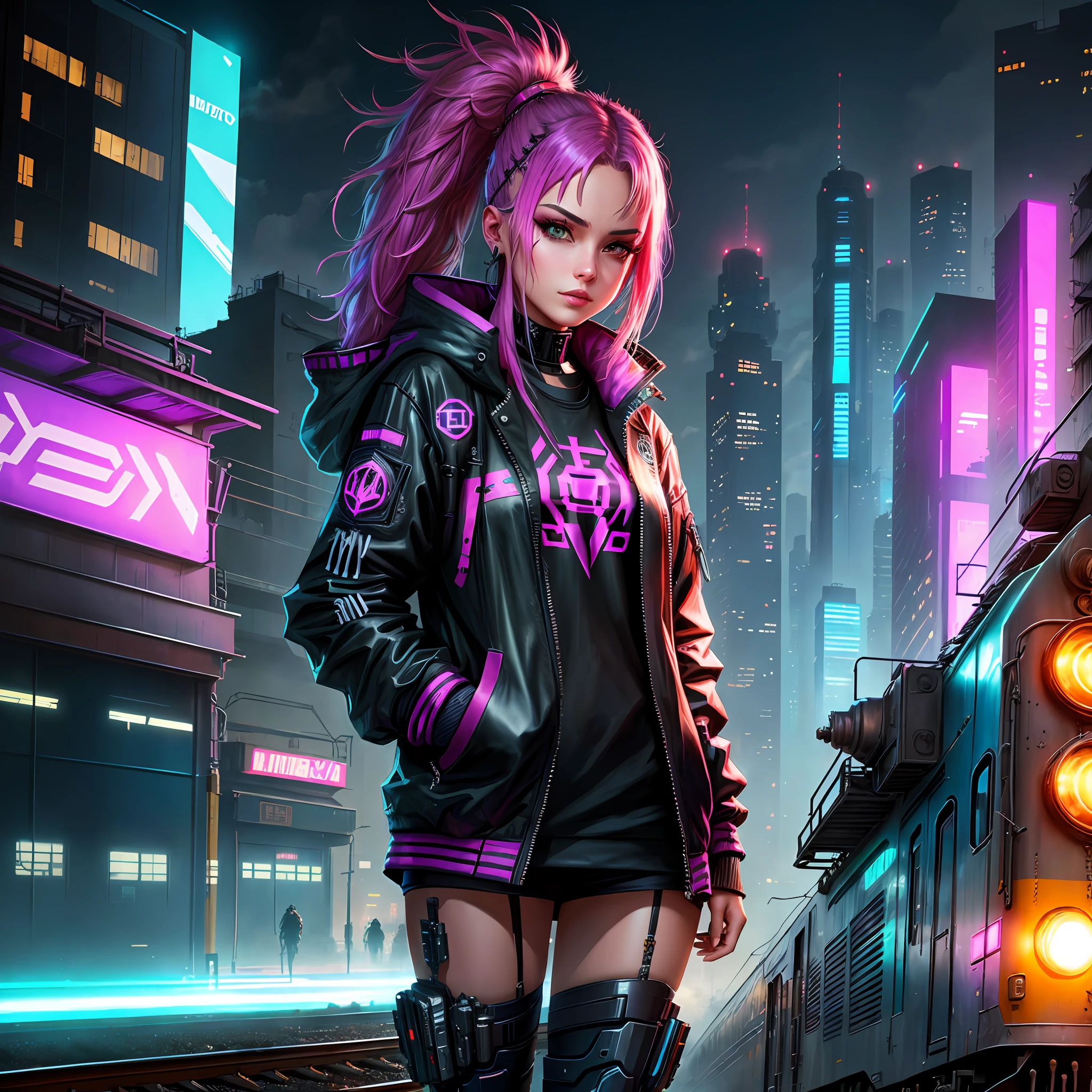 Cyberpunk city background, a cyberpunk locomotive girl