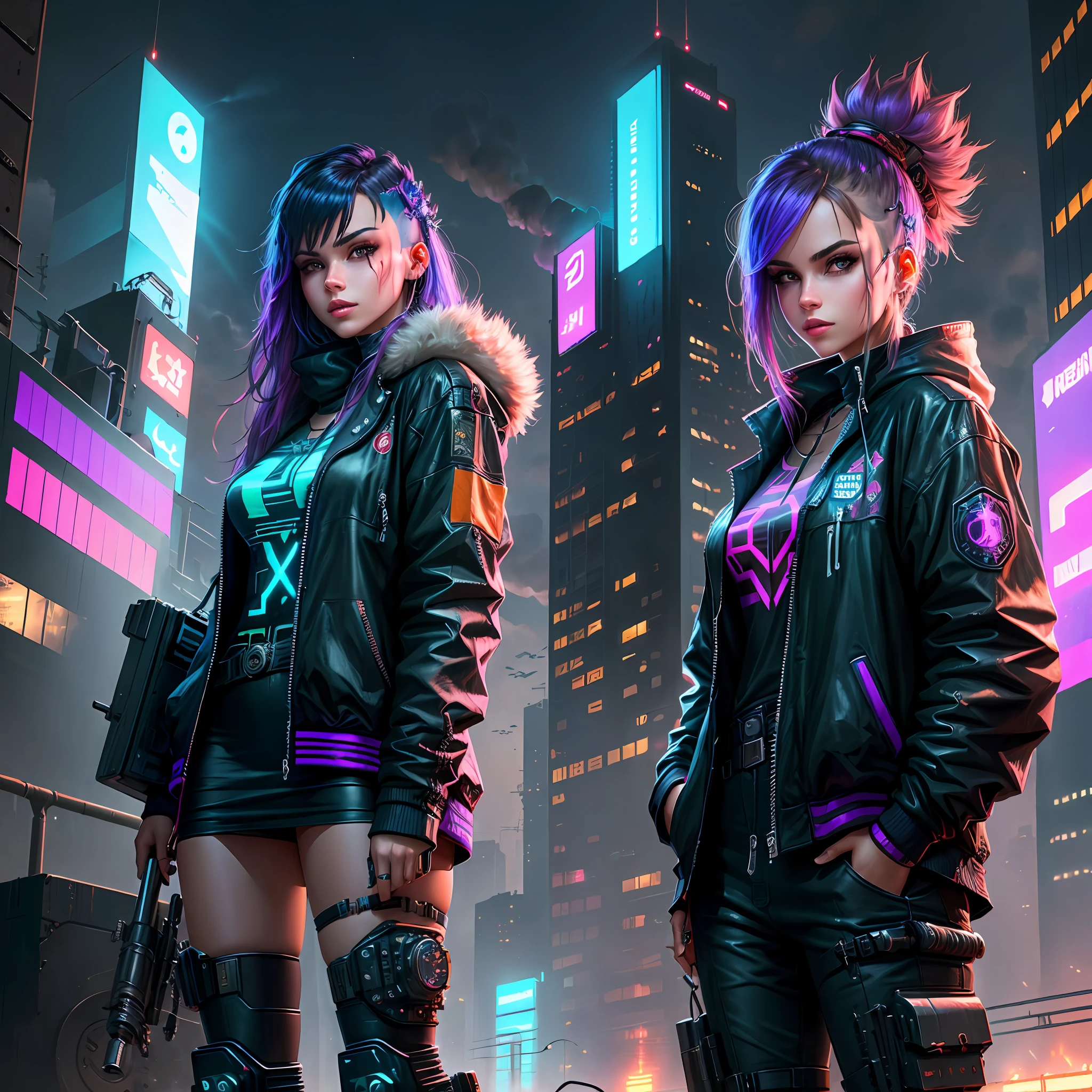 Cyberpunk city background, a cyberpunk locomotive girl