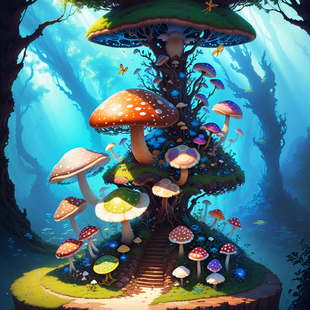 majestic anthill with mushroom and bright dragonfly sitting on top, fantasy, art, bright blue light