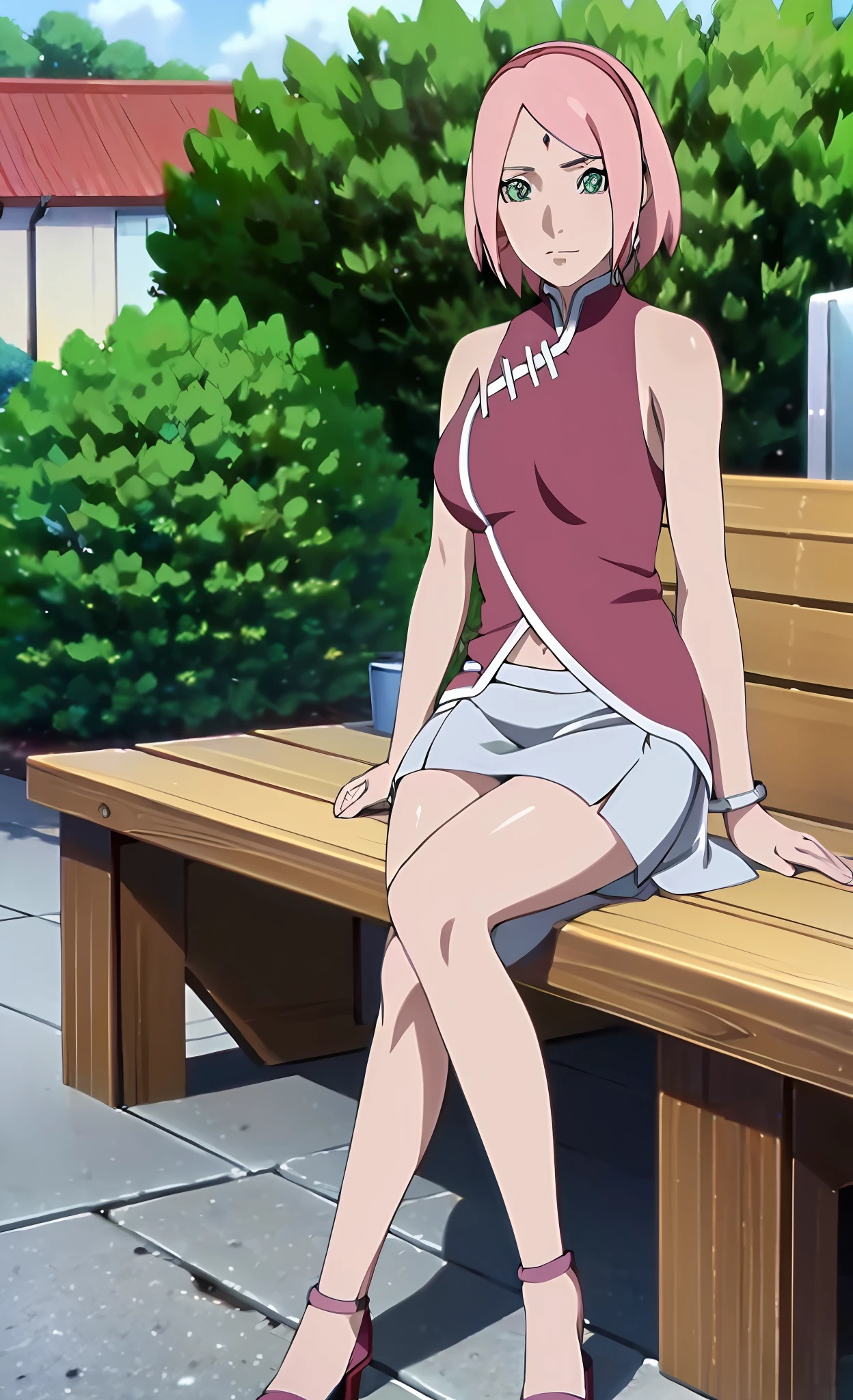 ((masterpiece)), ((best quality)), haruno sakura, big breast, tank top, mini skirt, very detailed, anime screencap, sitting on bench, outside, garden, looking at viewer, front view