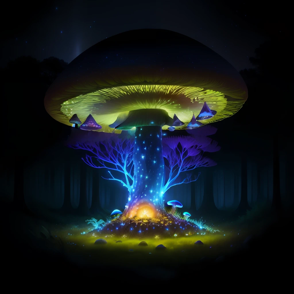Toxic Mushroom Ant Housse Hill in a dark and gloomy forest, mystical trees starry night sparkling fireflies 4k high-quality realistic