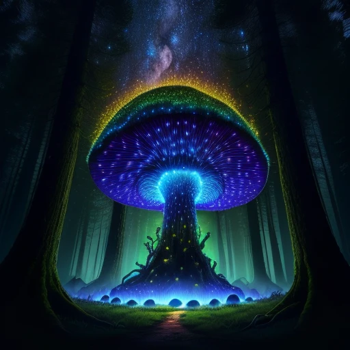 Toxic Mushroom Ant Housse Hill in a dark and gloomy forest, mystical trees starry night sparkling fireflies 4k high-quality realistic