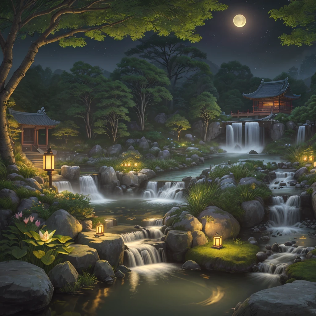 Ancient Chinese architecture, garden, bamboo, lake, stone bridge, rockery, arch, corner, rockery, tree, flowing water, landscape, outdoor, waterfall, meadow, rock, water lily, stream, lotus, moon, night view, hot springs, water vapor, (illustration: 1.0), epic composition, realistic lighting, high-definition detail, masterpiece, best quality, (very detailed CG unified 8k wallpaper), (best quality)