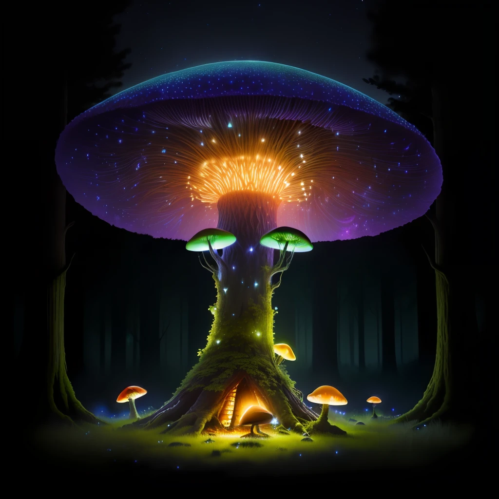 Toxic Mushroom Ant Housse Hill in a dark and gloomy forest, mystical trees starry night sparkling fireflies 4k high-quality realistic