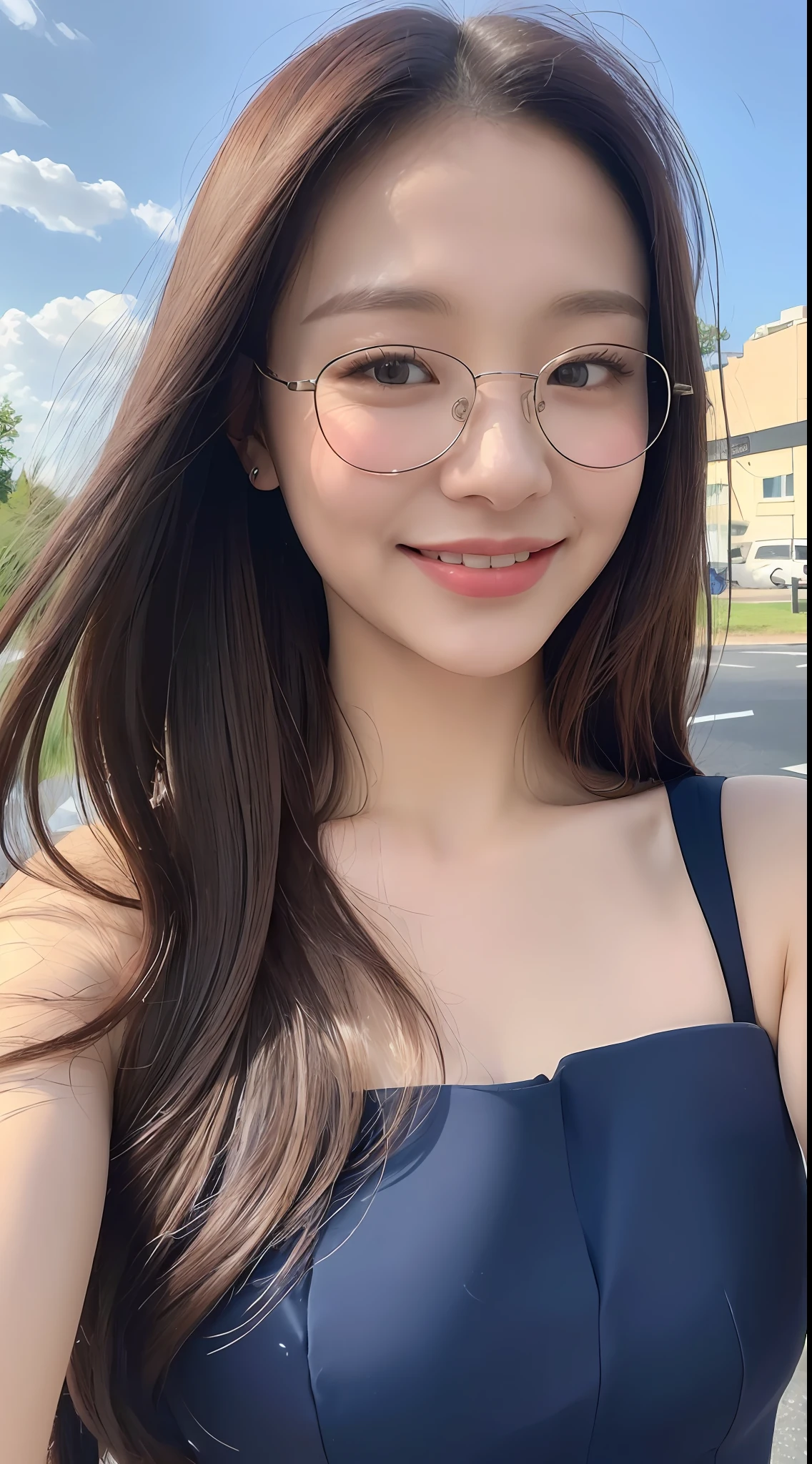((Best quality, 8k, Masterpiece :1.3)), 1girl, taking selfie, closeup, smiling, slim face, Pretty woman, (Dark brown hair), full length dress :1.1, Ultra-detailed face, Detailed eyes, Double eyelid, blur background, slim face, city, on road, countryside, glasses, sunny, blue sky