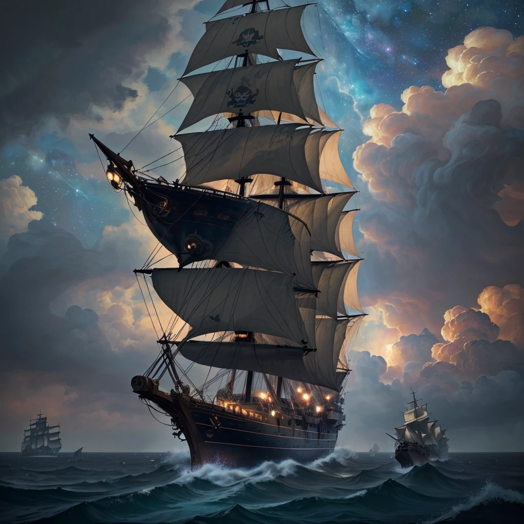 (((8k, RAW photo, Best Quality, Masterpiece: 1.4))), Ultra High Resolution, Ultra Detailed, Illustration, Close Up, Environment Only, (Huge Ship Flying in the Clouds), Huge Sail, (Pirate Ship) , skull flag, dilapidated, battle damaged, desolate, starry sky, future, imagination, outdoors, starry