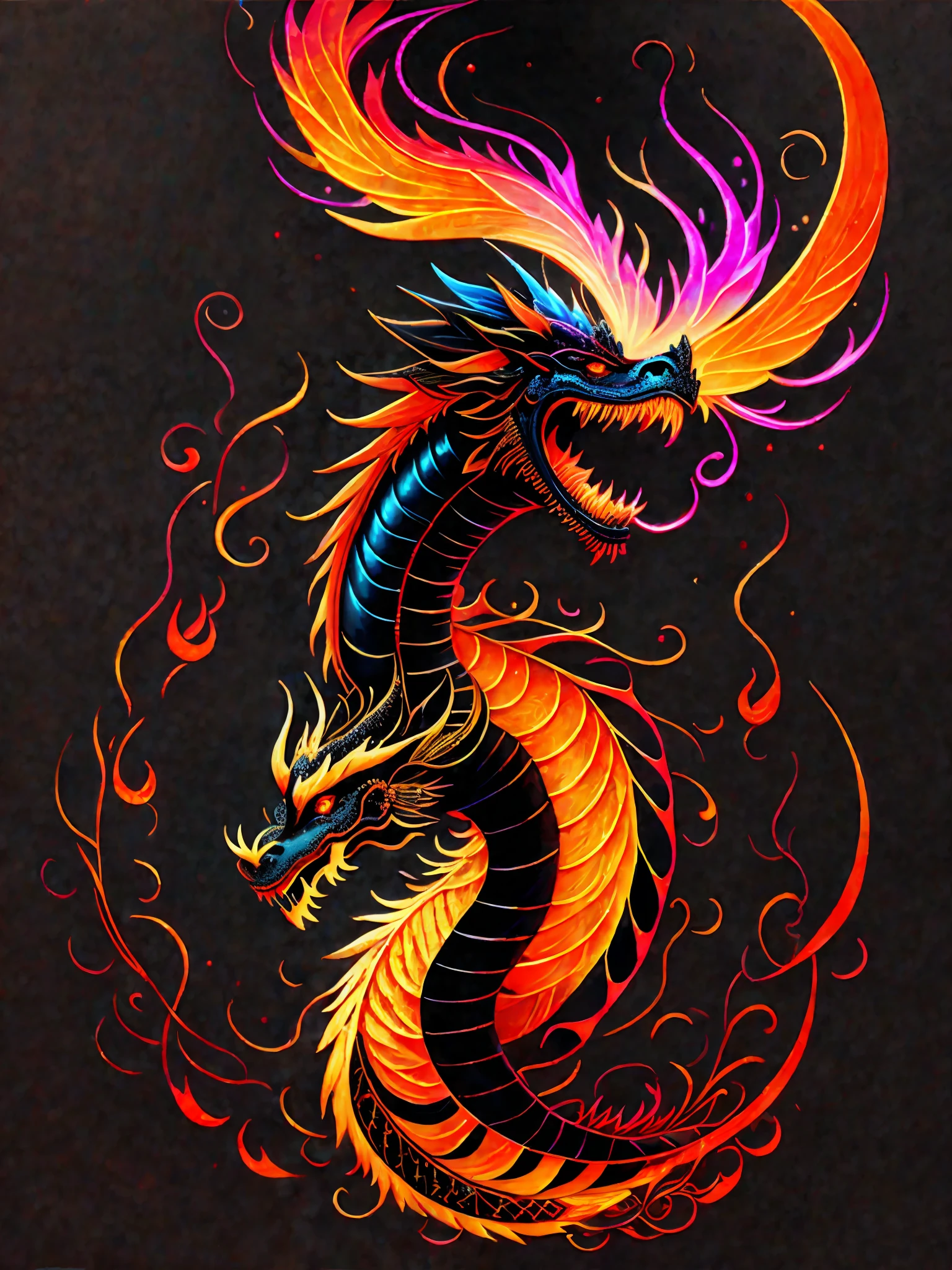 a painting of a Chinese dragon on a black background,, breathtaking rendering, within a radiant connection, inspired by Kinuko Y. Craft,, magical elements, icon a Chinese dragon, wow, is beautiful, casting a multi colorful spell, bright flash, flash
