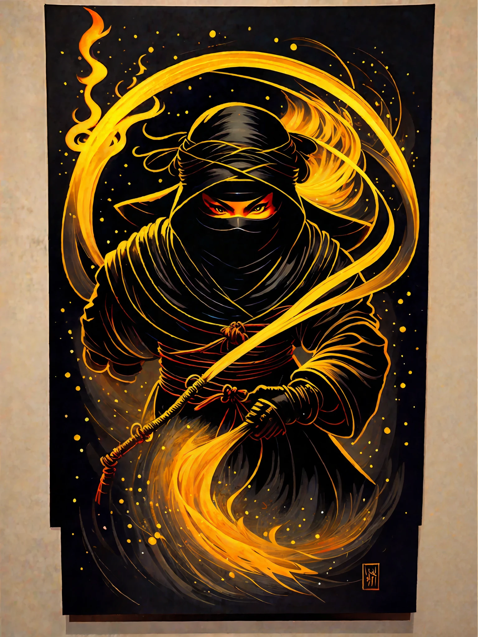 a painting of a ninja on a black background,, breathtaking rendering, within a radiant connection, inspired by Kinuko Y. Craft,, magical elements, icon a ninja, wow, is beautiful, casting a multi colorful spell, bright flash, flash