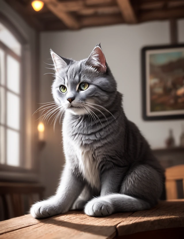 modelshoot style, 8k, portrait of a cute grey \(russian blue\) cat sitting on a wooden table in a medieval tavern, detailed fur, trending on ArtStation, trending on CGSociety, Intricate, High Detail, Sharp focus, dramatic lighting, digital painting, digital art, by artgerm, by Liang Xing, by WLOP