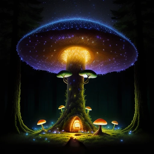 Toxic Mushroom Ant Housse Hill in a dark and gloomy forest, mystical trees starry night sparkling fireflies 4k high-quality realistic