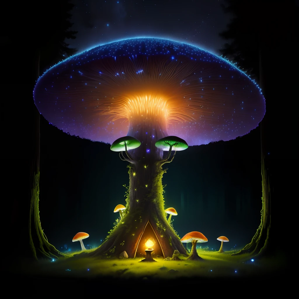 Toxic Mushroom Ant Housse Hill in a dark and gloomy forest, mystical trees starry night sparkling fireflies 4k high-quality realistic