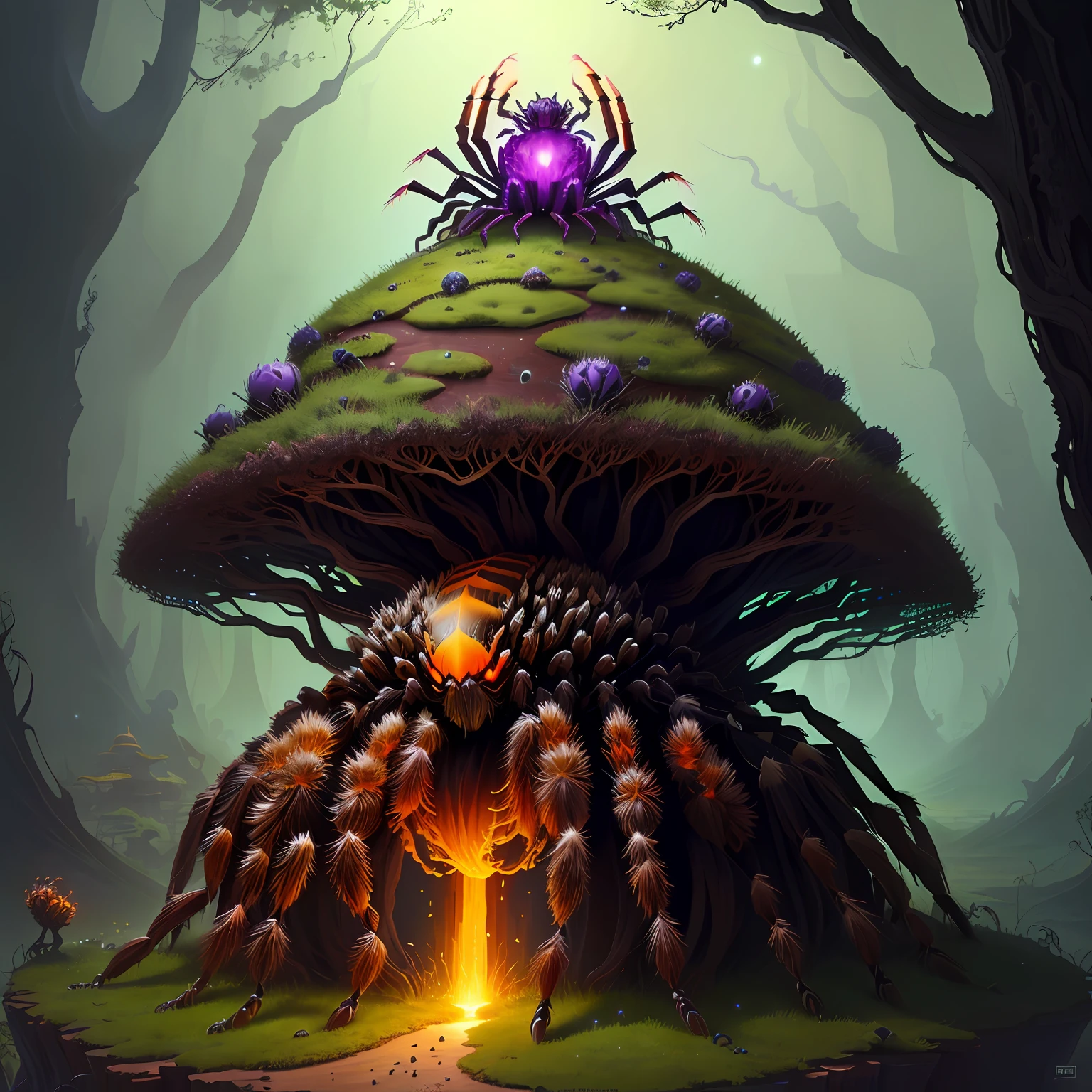 anthill with glowing tarantula sitting on top, fantasy,art