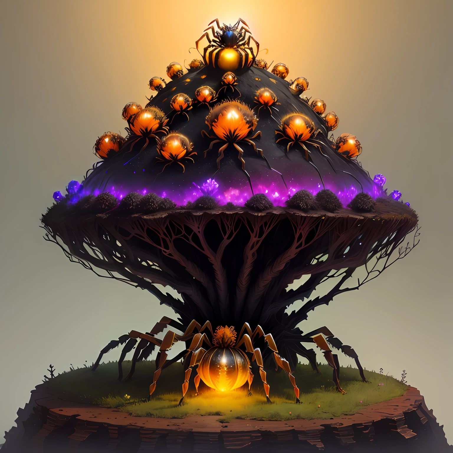 anthill with glowing tarantula sitting on top, fantasy,art