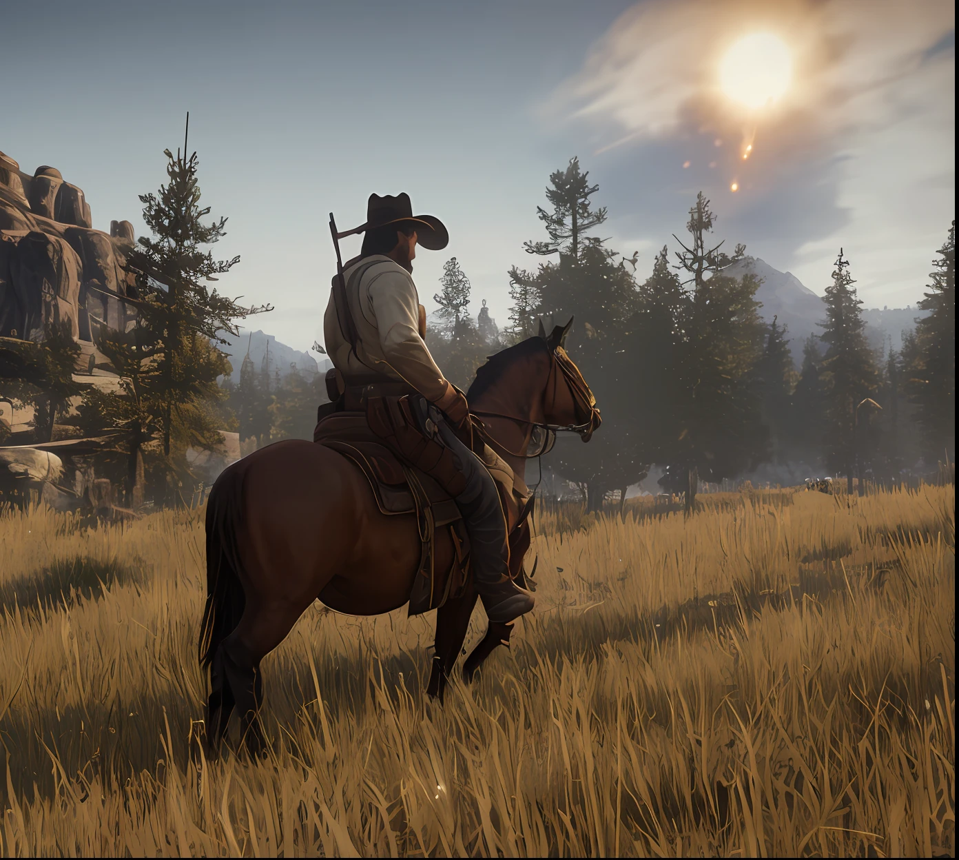 Cowboy with rifle is aiming at ritual ku klux Klan, cinematic, western, cross of fire, men with white hood, night forest, suspense, realistic, stylish, rutkowski, hdr, hyperdetailed, cinematic, rim light, red dead redemption