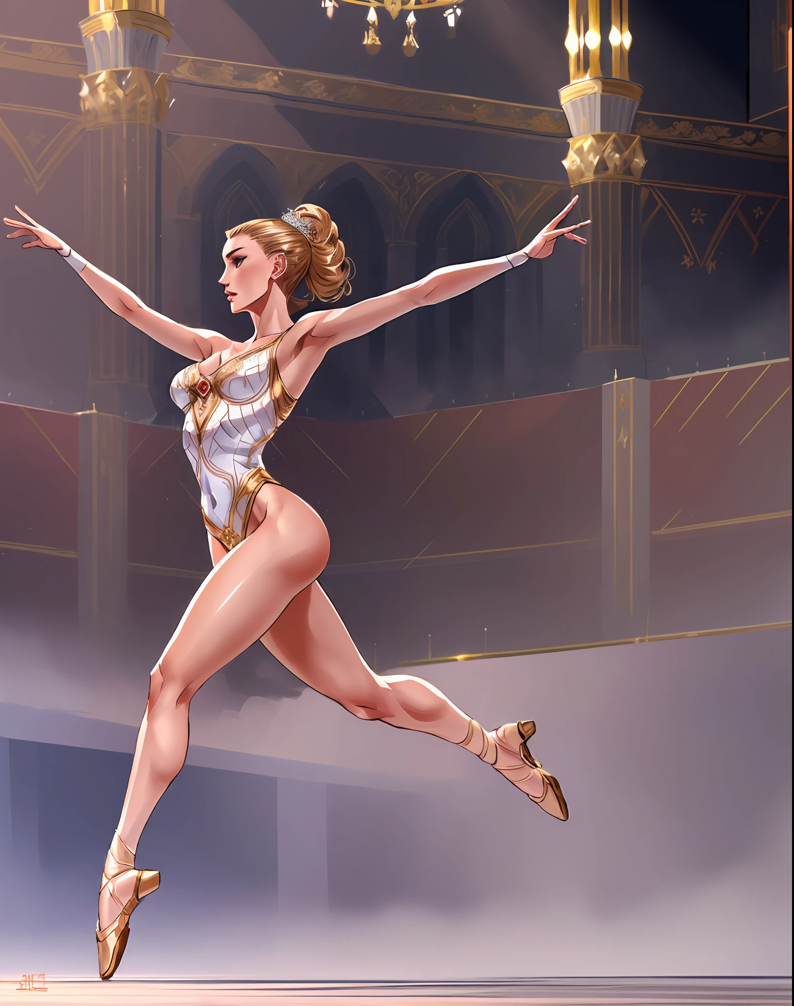 ((Russian ballet dancer woman))) alone on ((a big stage)), highly detailed full body, ((perfect legs and intricate movements)), digital painting, concept art, art station, ((elegant and smooth)), ((sharp focus)), high quality.