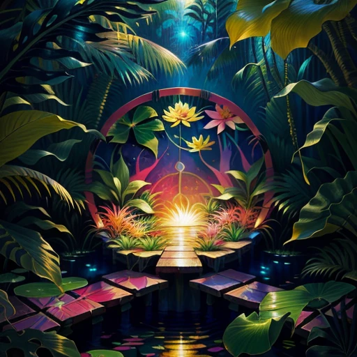 Colorful tropical paradise jungle with golden water lilies and pink flowers and fireflies vibrant graffiti colored art