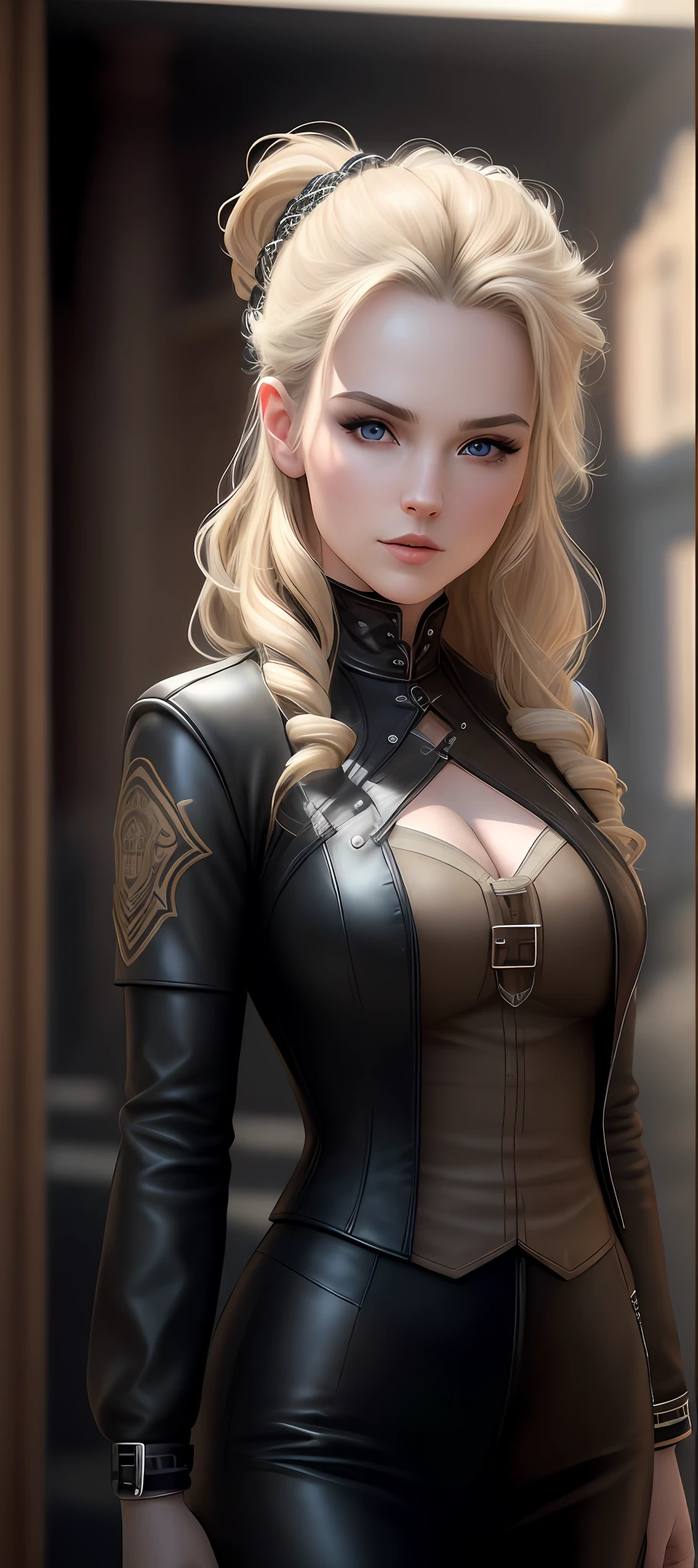 "Complete art masterpiece, high quality, ultra detailed in 4k, 8k, high resolution, hyper-realistic photo, hyper-detailed, realistic skin texture, amazing shadows, extremely detailed texture, perfect lighting, high-level image quality." A woman protagonist of a vapire game, Fair skin, blond hair, outlined eyes, outlined face, bracelet, Full body, Nice leather clothes, victorian city on back,