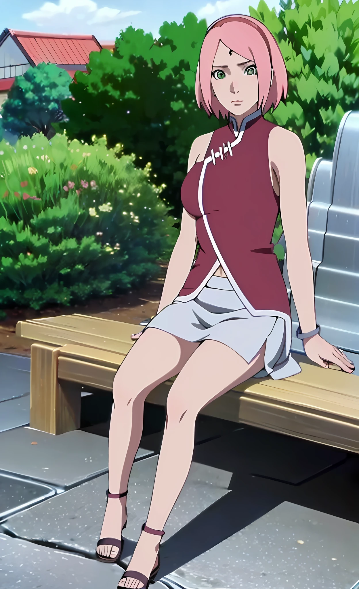 ((masterpiece)), ((best quality)), haruno sakura, big breast, tank top, mini skirt, very detailed, anime screencap, sitting on bench, outside, garden, looking at viewer, front view