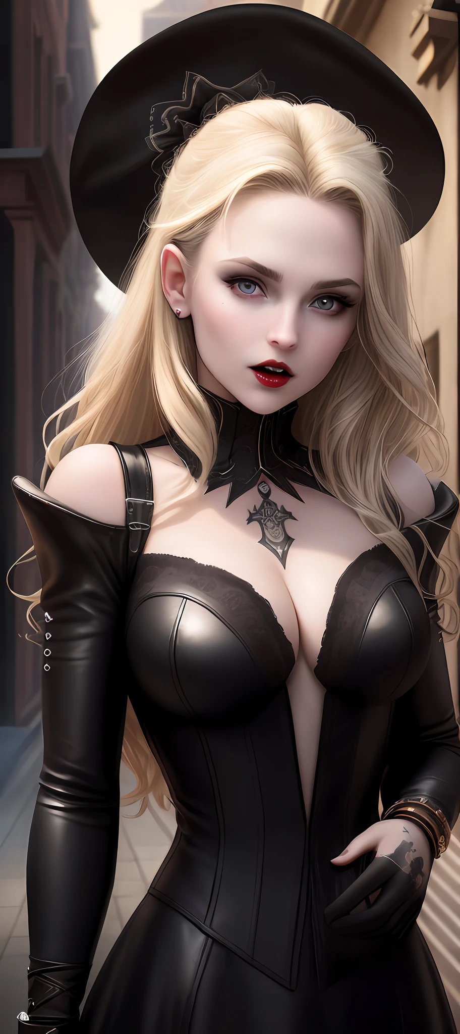 "Complete art masterpiece, high quality, ultra detailed in 4k, 8k, high resolution, hyper-realistic photo, hyper-detailed, realistic skin texture, amazing shadows, extremely detailed texture, perfect lighting, high-level image quality." A female vampire, Fair skin, blond hair, outlined eyes, outlined face, bracelet, Full body, Nice leather clothes, victorian city on back, night, dark, blood on mouth