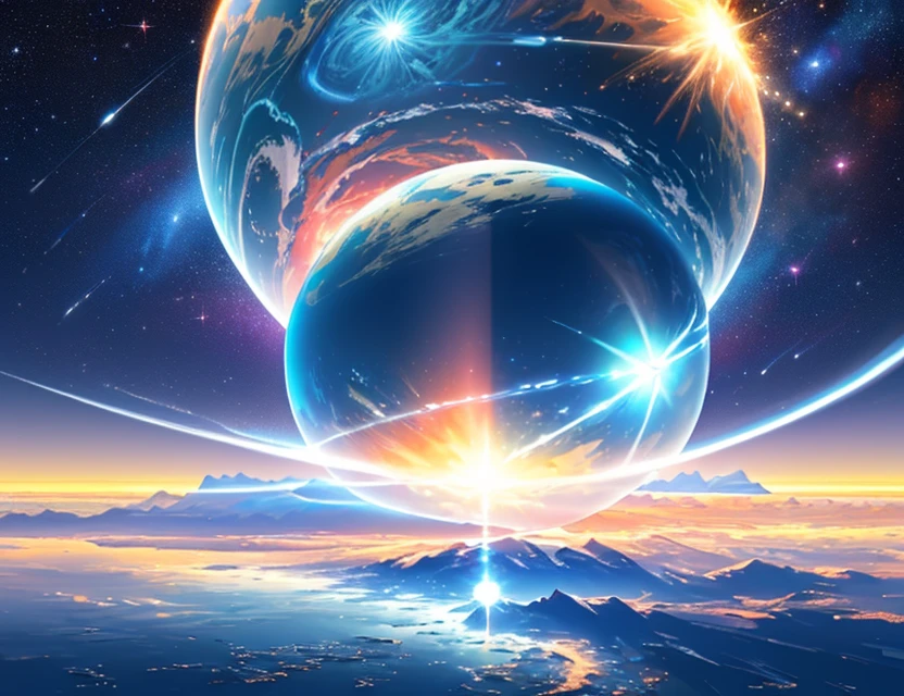(best quality, masterpiece),(magical, charming, beautiful blue planet),(transformation, explosion),(bright star),(ultra-detailed details, dynamic camera),(wide view), (celestial illumination), (vibrant color and saturation)