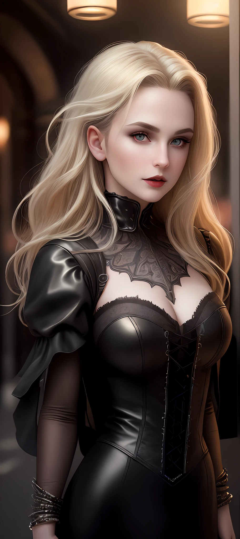 "Complete art masterpiece, high quality, ultra detailed in 4k, 8k, high resolution, hyper-realistic photo, hyper-detailed, realistic skin texture, amazing shadows, extremely detailed texture, perfect lighting, high-level image quality." A female vampire, Fair skin, blond hair, outlined eyes, outlined face, bracelet, Full body, Nice leather clothes, victorian city on back, night, dark