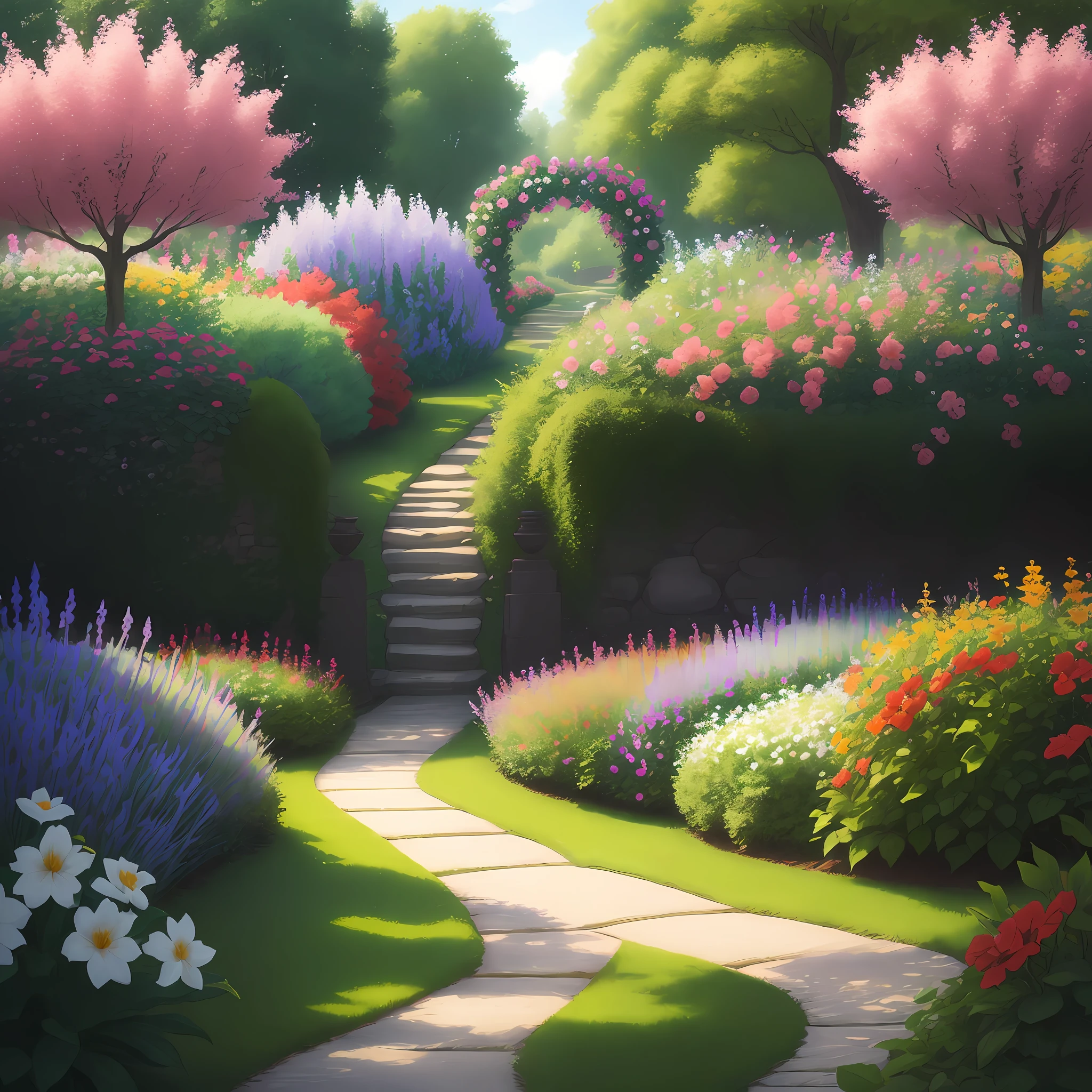 An image of an enchanted garden with colorful flowers and an inviting path.