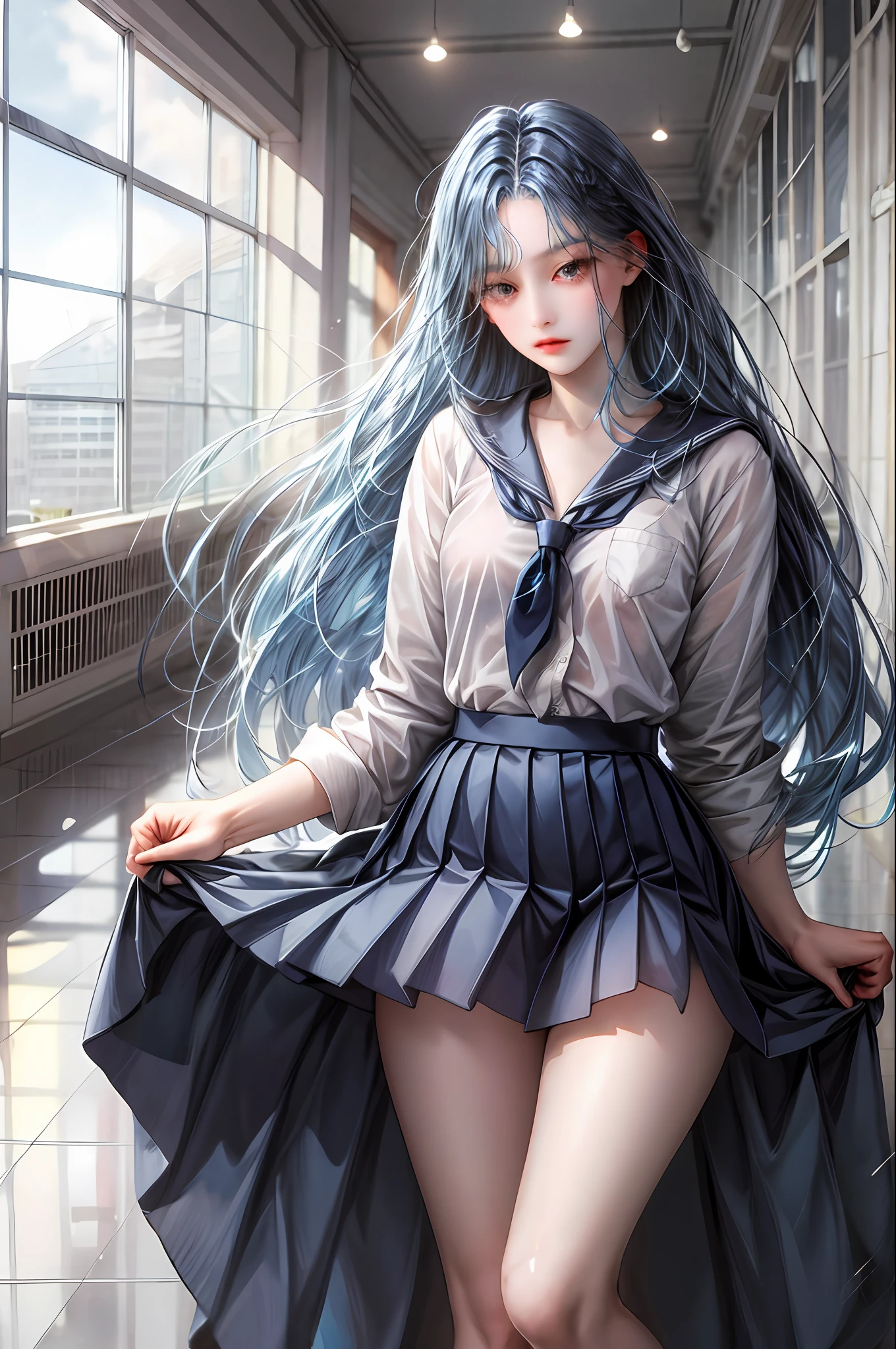 A flat girl with strong blue hair and long but not so long and black eyes in school uniform, beautiful, tall, thin