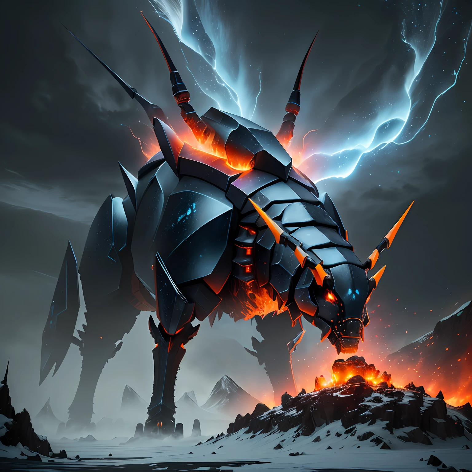 Toxic Atlas Beetle with fire and ice antennae, dark sky frozen scenery and stormy realistic High-quality