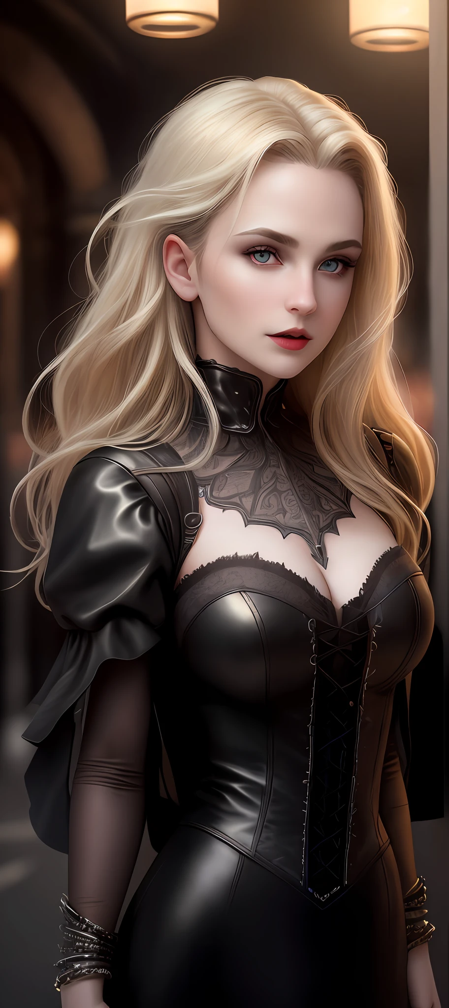 "Complete art masterpiece, high quality, ultra detailed in 4k, 8k, high resolution, hyper-realistic photo, hyper-detailed, realistic skin texture, amazing shadows, extremely detailed texture, perfect lighting, high-level image quality." A female vampire, Fair skin, blond hair, outlined eyes, outlined face, bracelet, Full body, Nice leather clothes, victorian city on back, night, dark