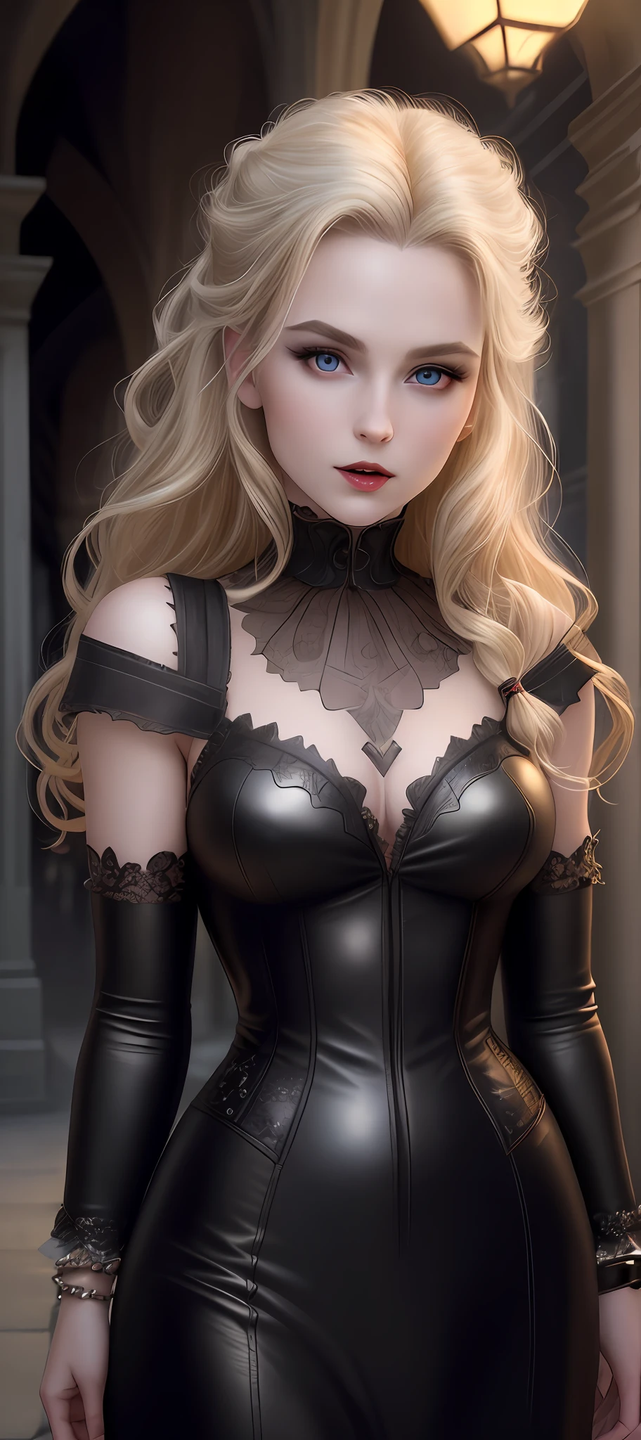 "Complete art masterpiece, high quality, ultra detailed in 4k, 8k, high resolution, hyper-realistic photo, hyper-detailed, realistic skin texture, amazing shadows, extremely detailed texture, perfect lighting, high-level image quality." A female vampire, Fair skin, blond hair, outlined eyes, outlined face, bracelet, Full body, Nice leather clothes, victorian city on back, night, dark