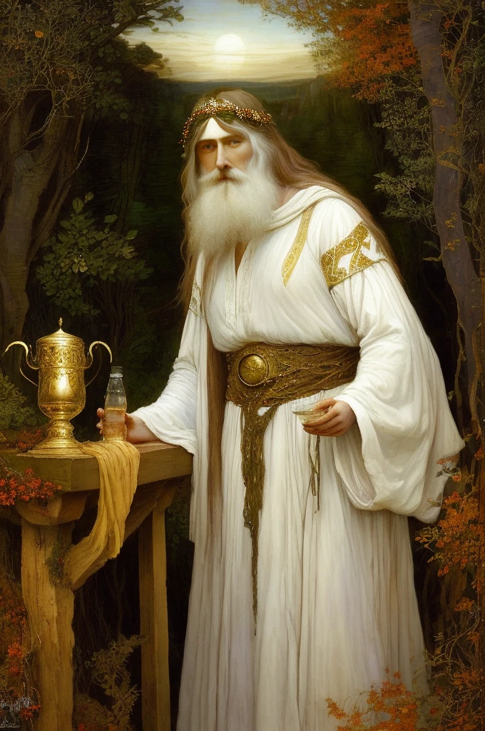 (((Pre-Raphaelite painting))) Old Celtic druid in white clothing makes a libation in the fire, white veil over the head, pours a liquid from a golden cup into the fire, mature man, golden and autumnal tones, sunset.