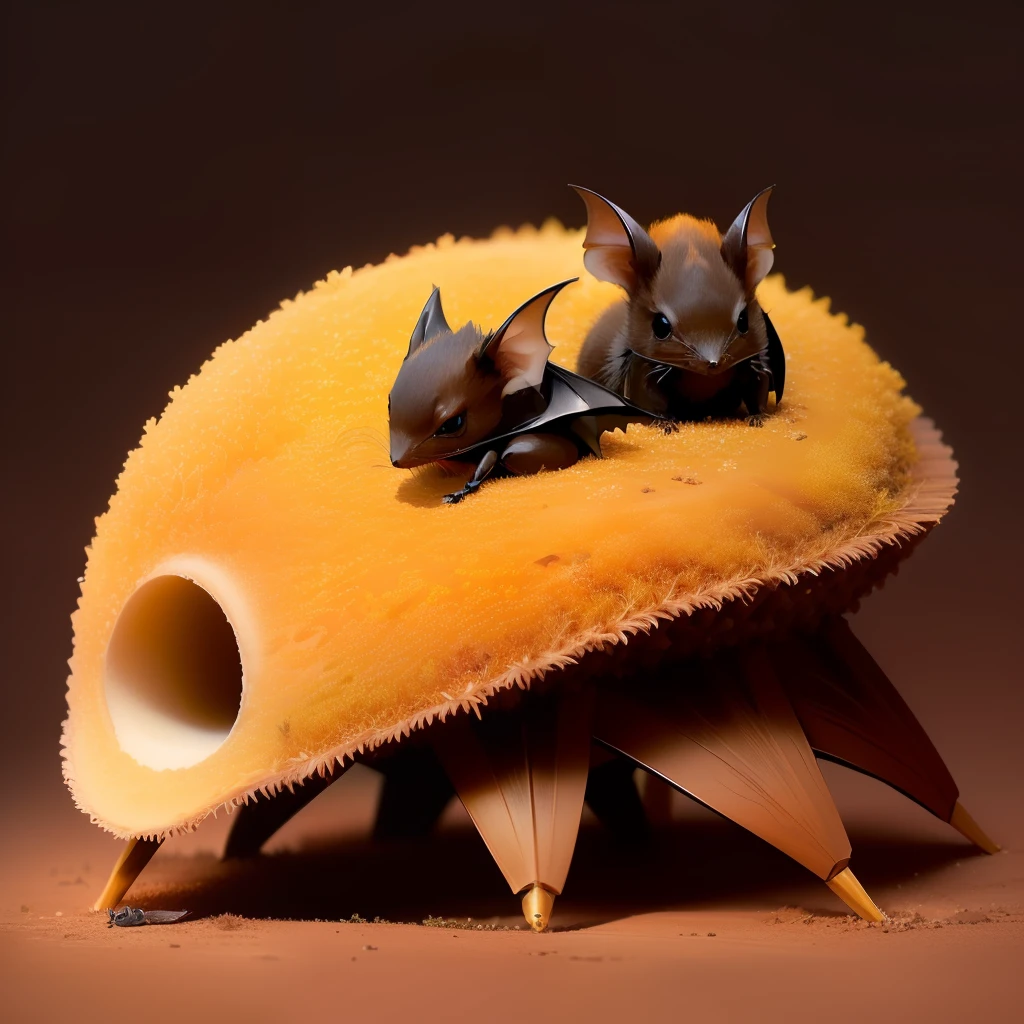 small anthill with beautiful design and a small cute bat on top of it sleeping, realistic