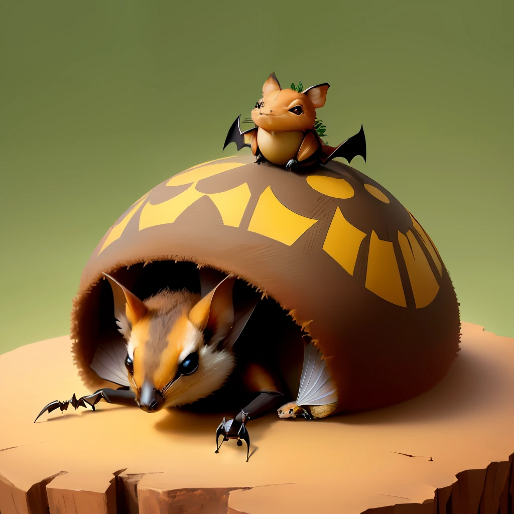 small anthill with beautiful design and a small cute bat on top of it sleeping, realistic