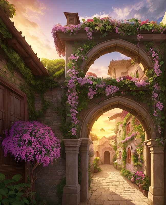 There is a wooden door, beautiful, side walls and lintel decorated with climbing plants, magic background, fantasy matte painting, cute, background, whimsical landscape art, flowering Bougainvillea climbing plant vegetation with its beautiful bouquets of flowers fuchsia color, background artwork, beautiful backgrounds, beautiful detailed photography with Buganvilla vines, backlight, sunset