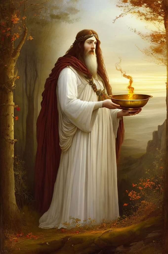 (((Pre-Raphaelite painting))) Old Celtic druid in white clothing makes a libation in the fire, white veil over the head, pours a liquid from a golden cup into the fire, mature man, golden and autumnal tones, sunset.
