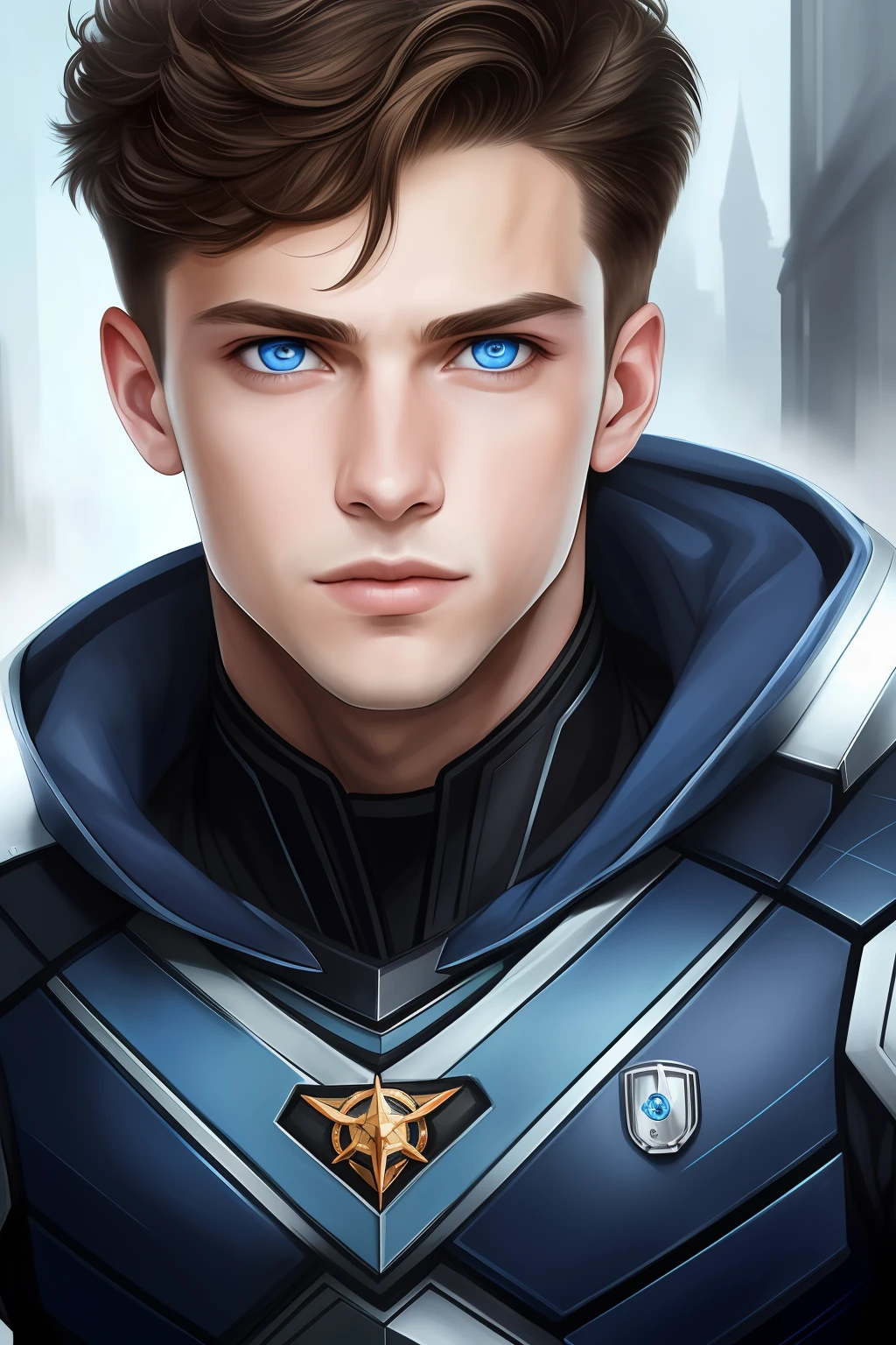 masterpiece, best quality, realistic, ultra detailed, sfw, head shot, a portrait of a young man, starsector,(blue eyes) speech position, defined body, short hair, (realistic photo)