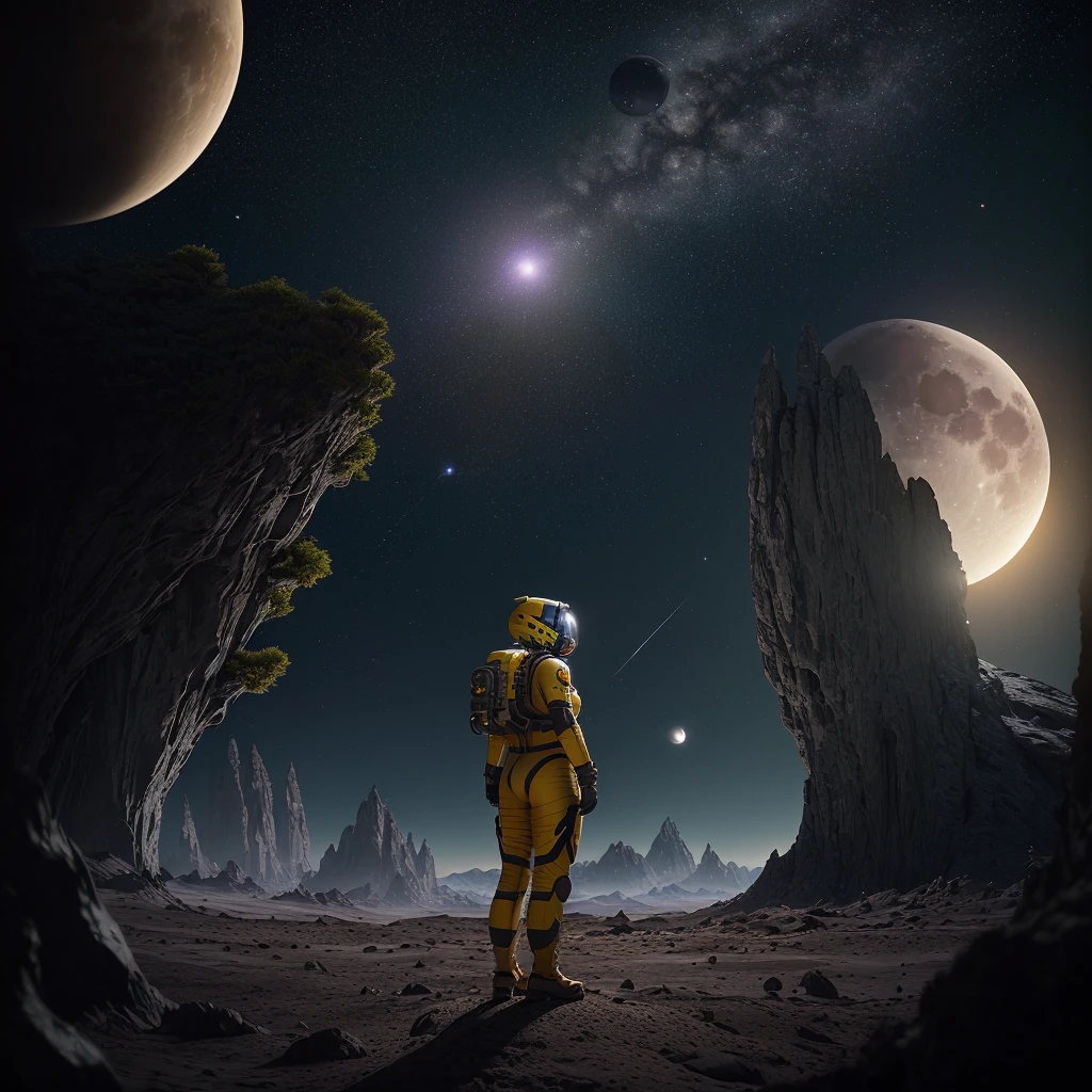 rear angle, highly detailed RAW color photo, rear angle, full body, of (female space soldier, wearing yellow and purple space suit, helmet, face shield, rebreather, accented booty), outdoor, (looking at advanced alien structure, on alien planet), toned body, big ass, (science fiction), (mountains: 1.1), (lush green vegetation), (two moons in the sky: 0.8), (highly detailed, hyperdetailed, intricate), ((DAY TIME)), (lens flare:0.7), (bloom:0.7), particle effects, raytracing, cinematic lighting, shallow depth of field, photographed on a Sony a9 II, 50mm wide-angle lens, sharp focus, cinematic film from Gravity 2013, behind