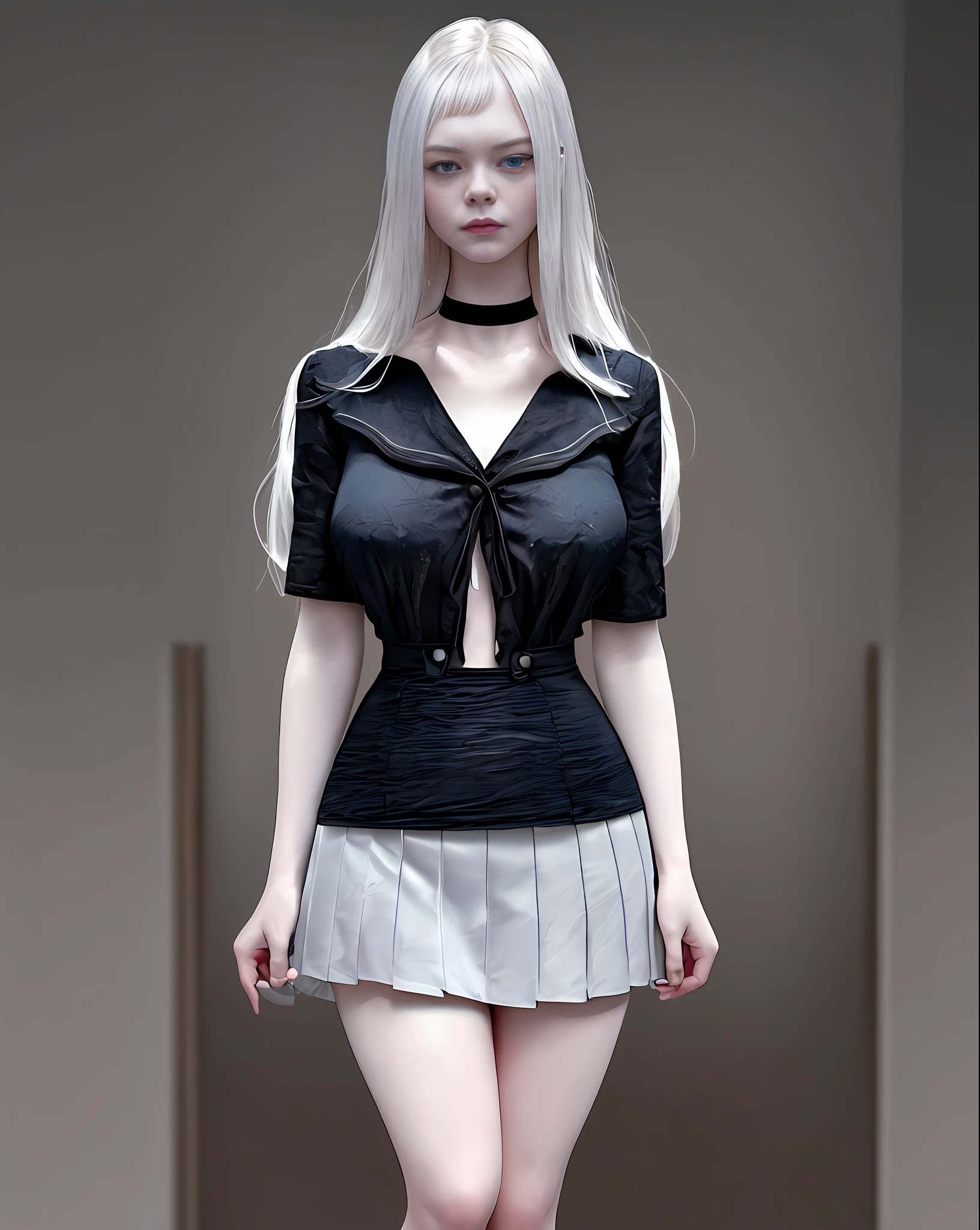 Elle Fanning adult, beautiful blue eyes, symmetrical eyes, white hair, delicate skin, rosy cheeks, pink mouth, perfect face, big breasts, high school blouse, black mini high school skirt, thick legs, minimalist black background like photo studio, detailed eyes, black choker, makeup, a masterpiece, depth of field, 8k, richness of detail, realistic photography, detailed skin rich in detail, portrait style
Preparing, hyper realistic, f1.6 lens, extremely detailed, fine details, rich colors, realistic hyper realistic texture, dramatic lighting, cinestill 800 tungsten, looking at the viewer, realistic photo, RAW photo, TanvirTamim, high quality, high resolution, sharp focus, extremely detailed, cinematic lighting, 8k uhd