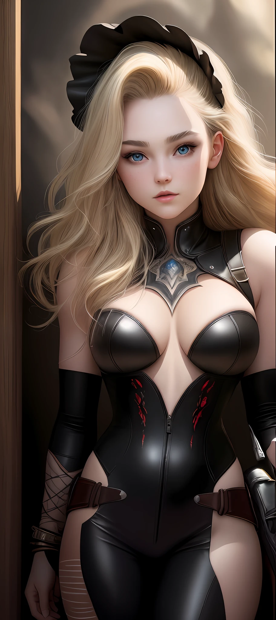 "Complete art masterpiece, high quality, ultra detailed in 4k, 8k, high resolution, hyper-realistic photo, hyper-detailed, realistic skin texture, amazing shadows, extremely detailed texture, perfect lighting, high-level image quality." A female hunter, Fair skin, blond hair, outlined eyes, outlined face, bracelet, Full body, bloody leather clothes, florest, night, dark,