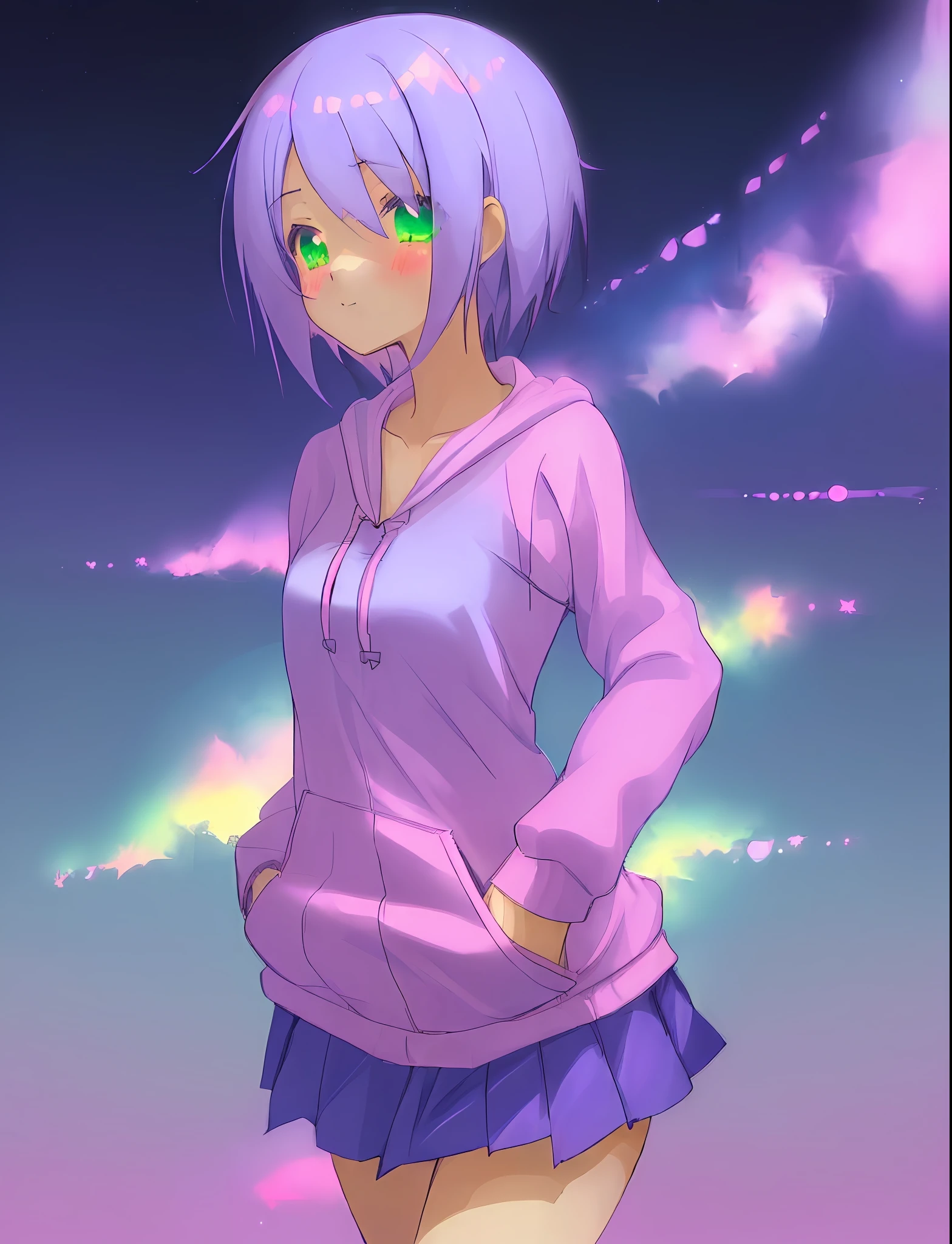 ((cute girl+anime girl):1.3),short hair,((hoody+hoodie):1.2),((short skirt):(skirt+mini skirt)), shy,(night+nighttime+nocturnal),((stars+nightsky)+(moon:0.8)),((pink+purple)+blue:green),Vaporwave.