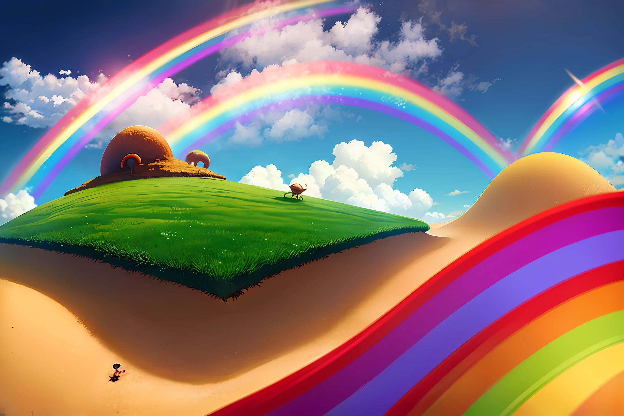 anthill over cloud, anthill being attacked by ants, rainbow on the background, fantasy